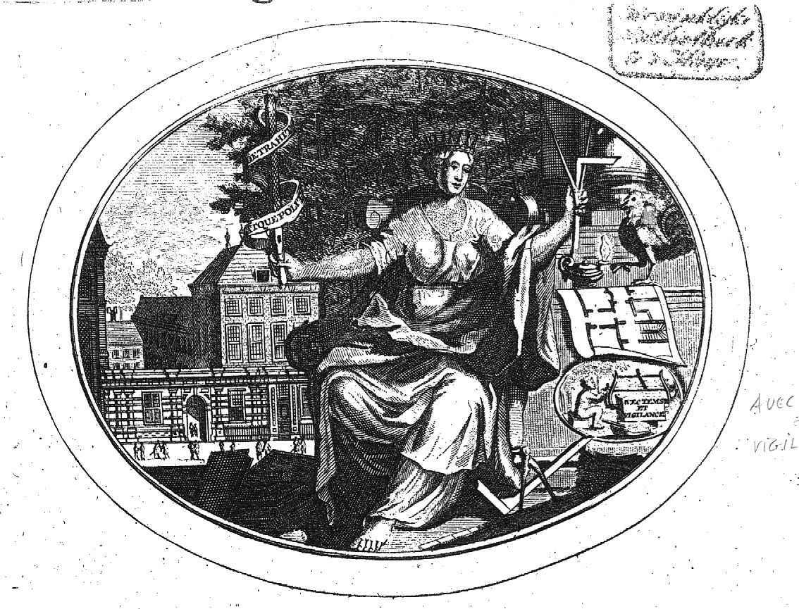 Archittetura-variant(?): a crowned and enthroned woman holding compasses, square and a file with banderole in her outstretched hands; on the ground a pile of books, another square and pair of compasses; behind her colums on an entablature on which a cock, a burning oil-lamp and a ground-plan of a building; below the drawing a medallion with a man sawing a huge log; a whetstone(?) on the ground; in the background behind a large tree: a view of part of the Leiden university building at the Rapenburg