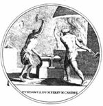 Interior of a smithy with blacksmiths, clad in a loincloth, hammering a piece of iron on an anvil; in the background: another blacksmith busy at the fire, and a water-basin