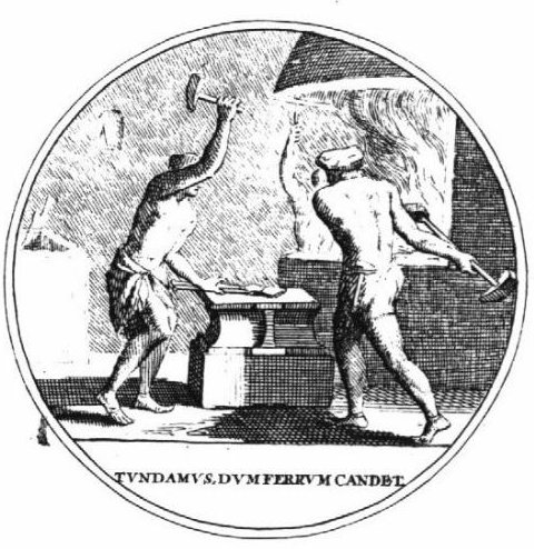 Interior of a smithy with blacksmiths, clad in a loincloth, hammering a piece of iron on an anvil; in the background: another blacksmith busy at the fire, and a water-basin
