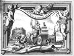 Three putti unfolding a tapestry or painting in front of a painting's frame; represented are: Minerva (helmet, owl, lance, Aegis) seated on a pedestal, one foot resting on a large jug from which water is pouring forth, forming a stream (Rhine); a cornucopia on the jug; the 'Burcht' (castle) of Leiden, the university building and part of the Rapenburg in the background; on the pedestal also a pile of books with the names of Gorlaeus and Gotfried