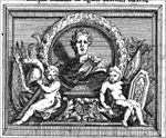 Sculpted portrait bust of man with laurel wreath in a decorated frame; two putti, one holding Aegis, the other Minerva's helmet