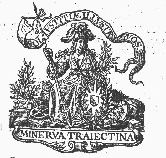 Minerva (helmet, Aegis, lance, laurel bush and wreath, owl) seated, holding a lance with a banderole with the motto of Utrecht university in one hand, and a laurel wreath encircling the coat of arms of Utrecht university in the other; books, an astrolabe(?) and Aegis on the ground; shrubs