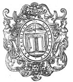 A hand from the clouds holding a pair of scales in front of an open book; frame decorated with hybrid beings of mixed human and animal shape, a lion's head and a cherub