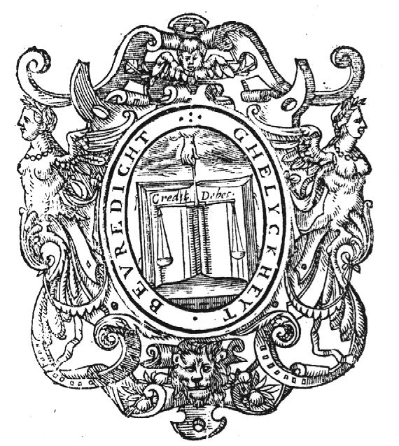 A hand from the clouds holding a pair of scales in front of an open book; frame decorated with hybrid beings of mixed human and animal shape, a lion's head and a cherub
