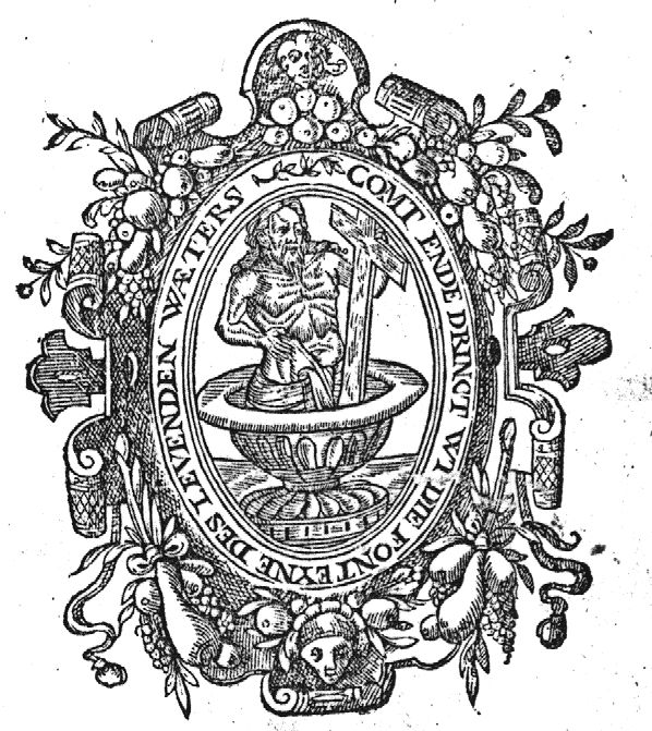 Christ as Man of Sorrows(-variant), holding the cross, half-length, in a chalice, shedding his blood; frame decorated with festoons and mascarons