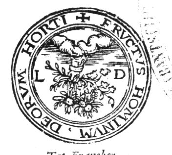 Hand from the clouds holding branches with fruit; initials "L.D."