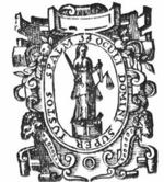 A woman on a pedestal holding a sword and scales (Justice); frame decorated with festoon and ram's heads