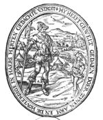 David slings a stone at Goliath's forehead; landscape with a city and a camp with tents