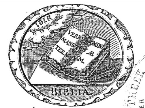 Open book, bible, with text; Jahweh-tetragram; decorated frame