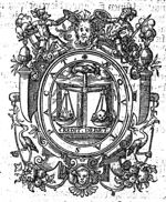Two joined hands, from the clouds, are holding a pair of scales (with a fire and a skull) in front of an open book; frame decorated with two armoured soldiers fighting and two cranes or storks both with a stone in their claw and a frog in their beak