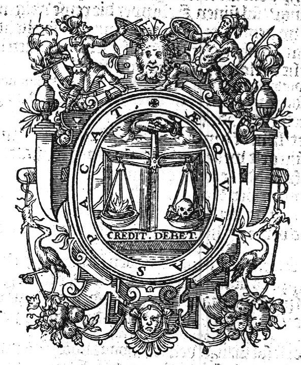 Two joined hands, from the clouds, are holding a pair of scales (with a fire and a skull) in front of an open book; frame decorated with two armoured soldiers fighting and two cranes or storks both with a stone in their claw and a frog in their beak