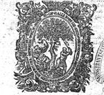 A man cutting a tree with an axe, another man making a fire; frame decorated with foliage