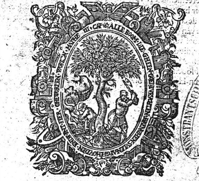 A man cutting a tree with an axe, another man making a fire; frame decorated with foliage