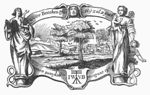 Sun rising (or setting) over a friendly landscape with a brook (Dutch: 'beek'): a meadow with trees, with a shepherd and his flock, a brook with swans; frame decorated with Charity (a woman with three children) and Faith (a woman with an open book and a cross), 'Hausmarke' with initials "I.W.V.B."