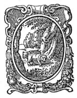 Bears in a forest, (Dutch: 'beren in een woud') one of them climbing a tree; frame decorated with festoons