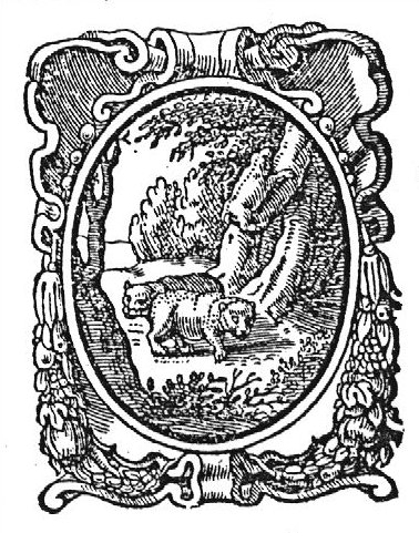 Bears in a forest, (Dutch: 'beren in een woud') one of them climbing a tree; frame decorated with festoons