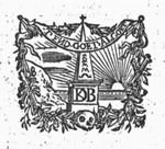 An obelisk at a dune coast; garland of branches and bones; a skull at the foot of the obelisk; setting sun; branches and bones as frame; inscribed banderole; monogram "K.D.B."