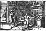 Interior of a bookshop with a bookseller and a customer