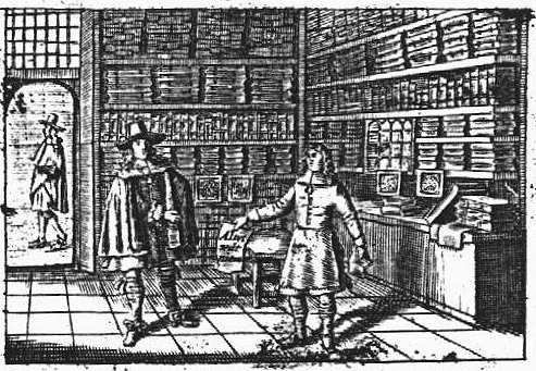 Interior of a bookshop with a bookseller and a customer
