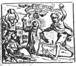 Martyrdom of St. Stephen: a man and a woman about to throw a stone at him, Saul watching, sitting on the ground and holding a sword, an angel descends from heaven to crown Stephen with a wreath; banderole with inscription