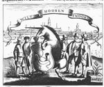 A unicorn holding the coat of arms of Hoorn with a city-view of Hoorn in the background; a conversation of three gentlemen, one of whom is holding a map(?); three other men apparently listening: one of these holding a Jacob's staff, another one holding a long stick; in the foreground merchandise(?): a barrel, a tulip and a packet of cloth(?); banderole