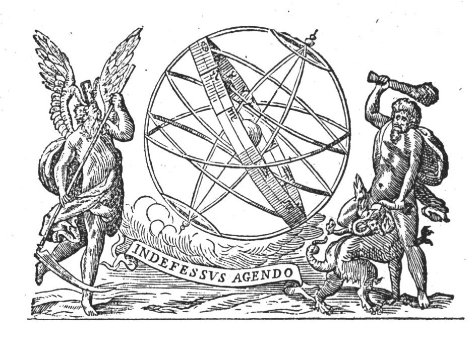 Armillary sphere with Father Time (wings, scythe, hourglass with wings) and Hercules killing the Hydra of Lerna with his club; banderole with inscription