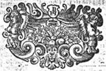 Fruits and flowers in frame decorated with hybrids of mixed human and animal shape; monogram "I.H.B." or "I.I.B."