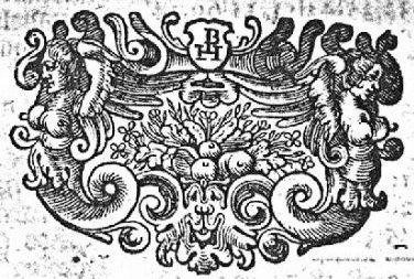 Fruits and flowers in frame decorated with hybrids of mixed human and animal shape; monogram "I.H.B." or "I.I.B."