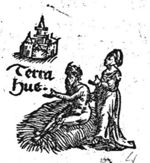 Job sitting on the dunghill, his wife standing behind him; a house in the background