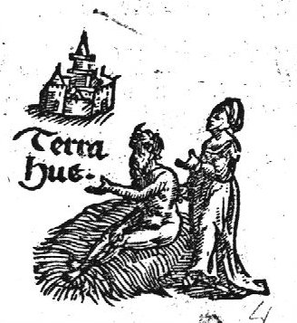 Job sitting on the dunghill, his wife standing behind him; a house in the background