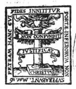 A column with wings, on top of the column a heart surrounded by flames; on the base of the column the inscription 'CHRISTVS'; two banderoles with inscription