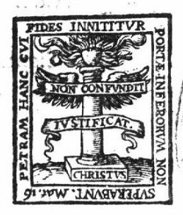 A column with wings, on top of the column a heart surrounded by flames; on the base of the column the inscription 'CHRISTVS'; two banderoles with inscription