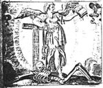 Allegory on the Christian Religion: A winged woman holding an open book and leaning against a tau-shaped cross; a bit hanging on one arm of the cross; a skeleton, symbolizing Death, below the feet of the woman
