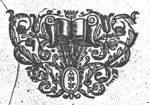 Open book on a lectern(?) topped by a crown, on ornamental background; initials "H.H."