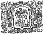 An angel holding a scythe and an open book; frame decorated with festoons and hybrids of mixed human and animal shape with a bird and a palm-branch