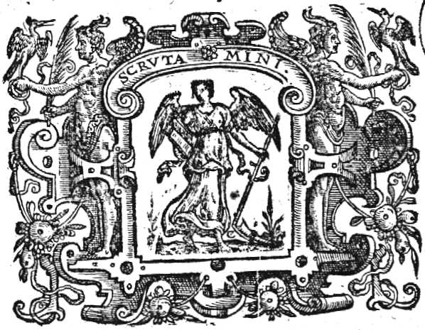 An angel holding a scythe and an open book; frame decorated with festoons and hybrids of mixed human and animal shape with a bird and a palm-branch