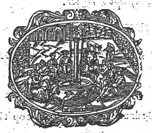 A group of elegant men and women seated around a fountain with a statue on top of a column, in a garden-like setting enclosed by shrubbery and a wall(?); a man and a donkey(?) in the background; decorated frame