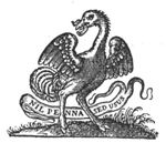 An ostrich spreading its wings, holding a horseshoe in its beak; banderole