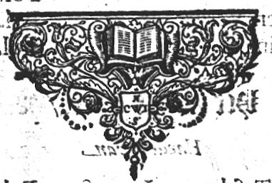 Open book on lectern(?) on ornamental background; initials "C.W.I.S."(?)