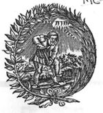 A man spading in a landscape; Jahweh-tetragram; a laurel-branch and a palm-branch as frame