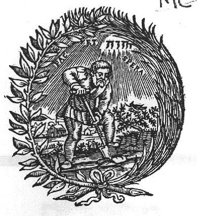 A man spading in a landscape; Jahweh-tetragram; a laurel-branch and a palm-branch as frame