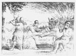 Job on the dunghill; a burning house in the background; a man writing in an open book, another man chiselling a text in a rock, illustrating "Job 19, verses 23 and 24"
