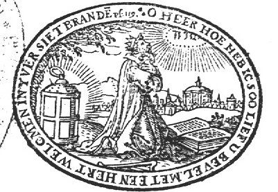 David is kneeling and looking up; an open book on the ground in front of him; a harp and a lit lantern; city-view in the background; Jahweh-tetragram