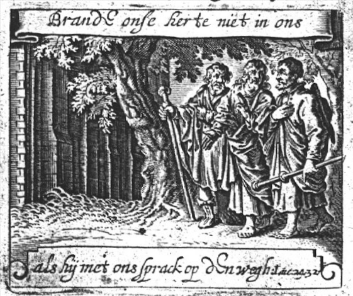 The journey to Emmaus; the two men meet Christ; banderole with inscription