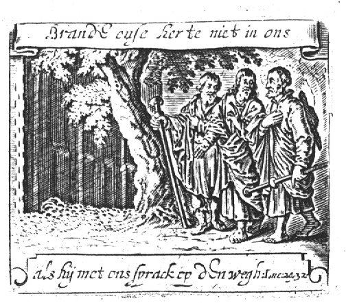 The journey to Emmaus; the two men meet Christ; banderole with inscription