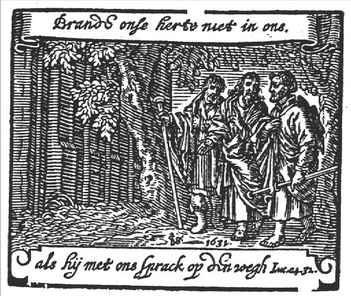 The journey to Emmaus; the two men meet Christ; banderole with inscription