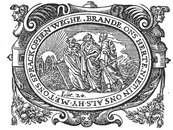 The journey to Emmaus: the two men meet Christ; frame decorated with hybrids of mixed human and animal shape, festoons and cherub