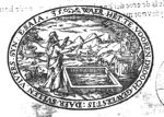 A standing man pointing with a stick in the direction of a fountain; in the background a deer