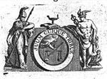 Minerva (helmet, lance, Aegis, owl) and Mercury (Petasus, Caduceus) leaning against a pedestal; on top of the pedestal a burning oil-lamp on an open book; on the frontside of the pedestal: a medallion with a hand holding a pair of scales
