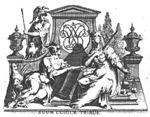 Mercury (petasus, cock, caduceus and winged sandals) and Justice (blindfold, sword and scales) seated in front of a pediment with vases and the monogram "W.B." in a medallion; Minerva (owl, helmet, lance) standing behind the pediment; cypresses behind it on the other side; books